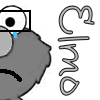 Gray cartoon character with black eye, blue tear, and curved mouth; gray cursive text 'Gim3' to the right; black squiggly line appears on text.