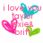 Pixelated graphic with pink text reading "i love you taylor swift brit" surrounded by cyan, magenta, and green heart shapes on a white background.