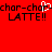Red background with black pixelated text repeating 'char-char' and 'LATTE!!', a white heart symbol between the two phrases.