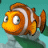 Pixelated clownfish with orange and white stripes, wide eyes, and a rounded body, displayed in four sequential poses against a teal background.
