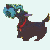 Pixelated dog with dark brown body, red collar, and blue-green head, standing against light background.