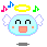 Pixelated light blue circular character with white wings, yellow halo, and musical notes above; open mouth expression on gray background.