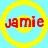 Red text 'jamie' centered on light blue background with yellow concentric circles, showing animation changes in circle thickness and spacing.