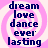 A 4-frame animated contact sheet showing identical pixel art icons with pink spiral backgrounds and dark blue text reading dream love dance ever lasting arranged vertically.