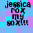 Pixelated text 'jessica rox my sox!!!' on a cyan and magenta checkered background with four identical