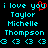 Pixelated cyan text on black background with red heart symbol replacing 'you' in first line, repeated names and symbols below.