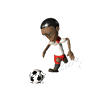A cartoon character in white and red sports attire performs soccer actions with a black-and-white ball against a gray background.