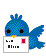 Blue pixelated bird avatar holding white card with red square and partial text, displayed in with wing and tail pose variations
