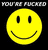 Pixelated yellow smiley face icon with black eyes and mouth on a black background, featuring pixelated text at the top.