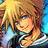 Pixelated anime-style character with blonde hair, blue eyes, and a black-and-white outfit holding a light-blue object against a bright background.