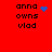 Red background with black text 'anna owns vlad' and blue pixelated symbols changing across frames.
