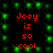 Red text reading "Joey iz so cool" appears twice on a black background with green pixelated sparkles, arranged in two vertical