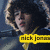 Pixelated image of a person with dark hair and light skin holding an object, overlaid by yellow text reading 'nick jones' on a blue background.