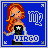 Pixelated icon of a woman with long red hair wearing a black strapless top, standing against blue background with Virgo symbol and text.