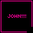 Four black square with pink borders display 'JOHN!!!' text; top-right has a heart, bottom-right has a starburst symbol
