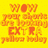 Pixelated text in orange and red on yellow background, purple text on green background with black outlines.