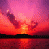 Animated sunset scene with orange and pink sky, dark silhouette of a figure holding an object above water reflection.
