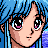 Pixelated anime-style character with blue hair and large eyes, next to black background with silver text.