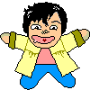 Pixelated cartoon character with black hair, yellow jacket, pink shirt, blue pants; three poses show arm and mouth variations.