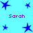 Pixelated blue star icons and purple "Sarah" text on a cyan background, arranged in a pattern with varying star sizes and positions
