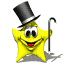 Yellow star-shaped character with black top hat and cane, smiling with red mouth, displayed in a