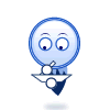Blue cartoon character with large eyes and a white mouth holding a small object, positioned above a triangular shape on a plain background.