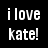 Pixelated white text on black background reads 'i love kate!' with exclamation mark, rendered in blocky digital font.