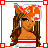 Pixel art of a character with orange skin, long brown hair, and a red-and-white striped crop top, showing multiple poses and a blue dress, with 'hot girl' text