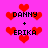Pixelated red hearts float around black text reading "DANNY + ERIKA" on a bright pink background.