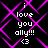 Pixelated text 'i love you ally!!! <3' on black background with purple diamond pattern, repeated in four quadrants