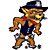 Animated cartoon fox mascot in blue overalls and a police hat with red neckerchief, shown across three frames on a white background with partial text visible on the right side.
