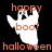 Pixelated ghost icon with orange text 'happy boo!' and 'halloween' on black background, alternating between white and gray versions.