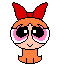 Four pixel-art depictions of a cartoon character with orange hair, red bow, and pink eyes showing different eye states on gray background.