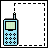Pixelated blue mobile phone with green screen displaying '12:34' in green digits, positioned in top-left corner of white background with dashed border.