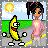 Pixelated scene with a smiling anthropomorphic banana and a woman in pink clothing standing on grass under a sunlit sky.