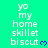 A static image displays repeated text 'yo my home skillet biscut' with blue heart symbols on a bright green background, featuring partial gray overlay at bottom right.