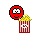 Red circular character with white eyes and yellow popcorn, interacting with striped red-and-white popcorn buckets in pixelated animation.
