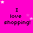 A bright pink background displays repeated text "I love shopping!" with animated white and light pink stars scattered around.
