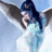Pixelated figure with dark hair and light clothing against a blue background, wings extended in mid-flight pose.