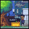 Pixel art scene with a character standing beside a chest, tree, and building under blue sky.