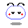 Pixelated white circular character with blue outline, black antennae, red plus signs on cheeks, and gray shadow; four variations show closed eyes, blinking, and thought bubbles.