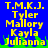 Yellow pixelated text on blue background with green grass-like pixels at bottom, displaying names T.M.K.J. Tyler Mallory Kayla Julianna in two identical vertical