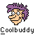 Pixel art icon of a cartoon character with purple spiky hair and orange skin, featuring exaggerated facial features including large white eyes with black pupils, a long nose, and a slight smile, positioned above the text "Coolbuddy" on a gray background.