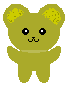 Pixelated green bear with yellow inner ears, black eyes and mouth, standing against gray background; left view shows raised arms, right view shows lowered arms.