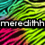 Pixelated abstract background with diagonal stripes in cyan, green, yellow, pink, and black; three text overlays display 'meredithh', 'annaleee', and 'blyythee' on black bars.