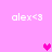 Pixelated pink background with four 'alex<3' text instances and three heart symbols in varying positions across frames.