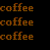 A split image showing a black background with repeated orange 'coffee' text on the left and a pixelated brown coffee cup icon on the right against a light blue sky background.