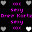 Pixelated icon with pink text and heart symbols on black background, featuring repeated 'xox', 'sexy', and 'Drew Kartz' phrases. White hearts alternate with gray hearts in a pattern