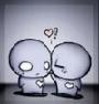Two cartoon characters with round heads and simple bodies stand close together against a gray background, one character winking while the other has an open eye, both holding small hearts above their hands with a larger heart and exclamation mark floating between them.