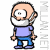 A cartoon character with a bald head, white beard, and purple shirt performs a sequence of actions with a coiled telephone cord.